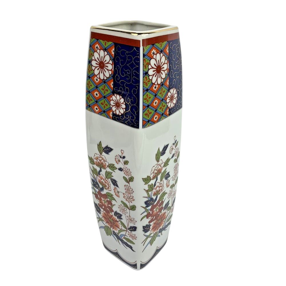 Vtg Old Imari Tall Porcelain Vase Japan Square Asian Floral Blue Red Pink Green